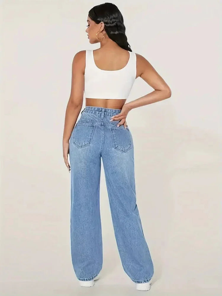High Waist Wide-Leg Jeans – Lockerer Fit, Cut-Out Details, Gewaschener Denim